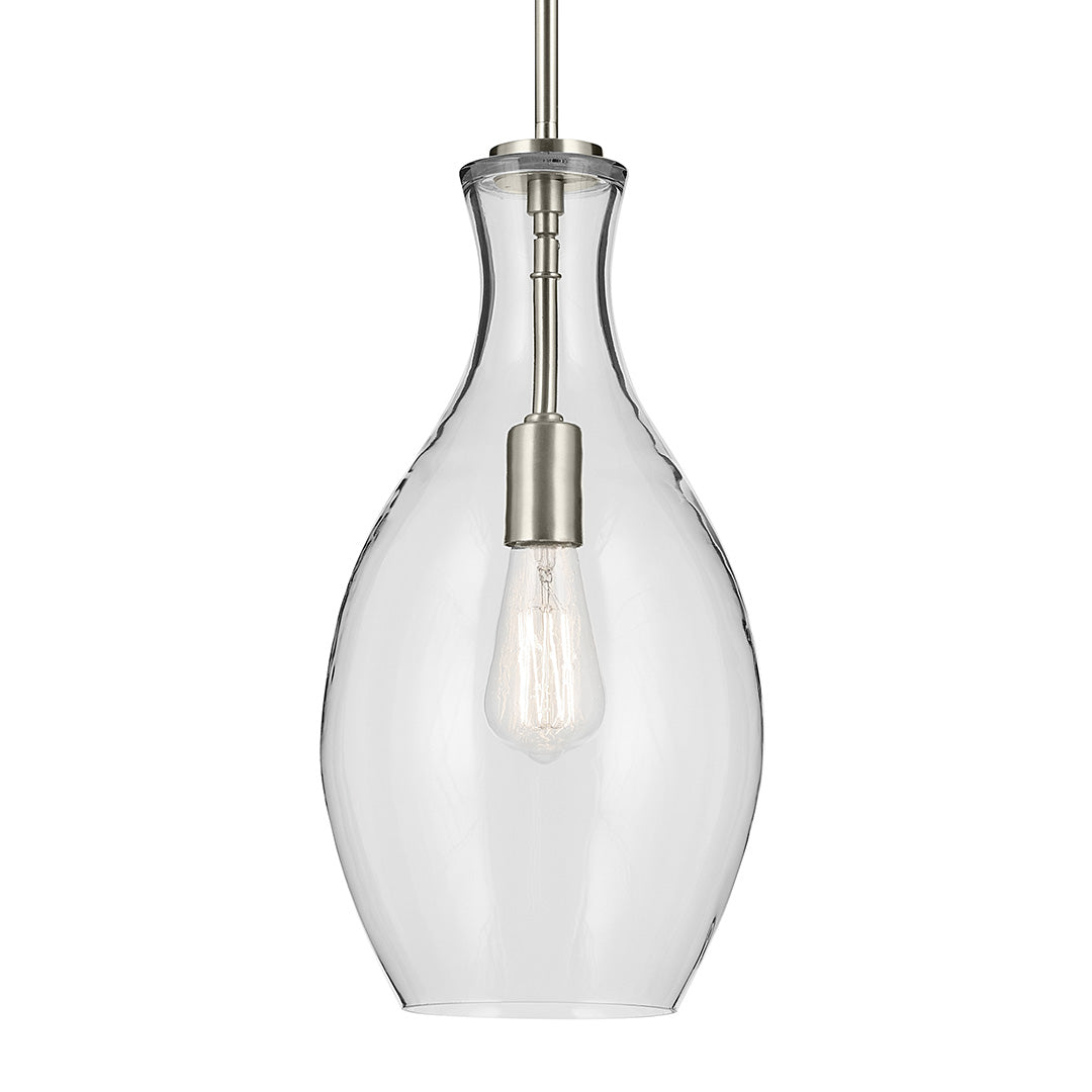 The Everly 17.75" 1-Light Bell Pendant with Clear Glass in Brushed Nickel on a white background