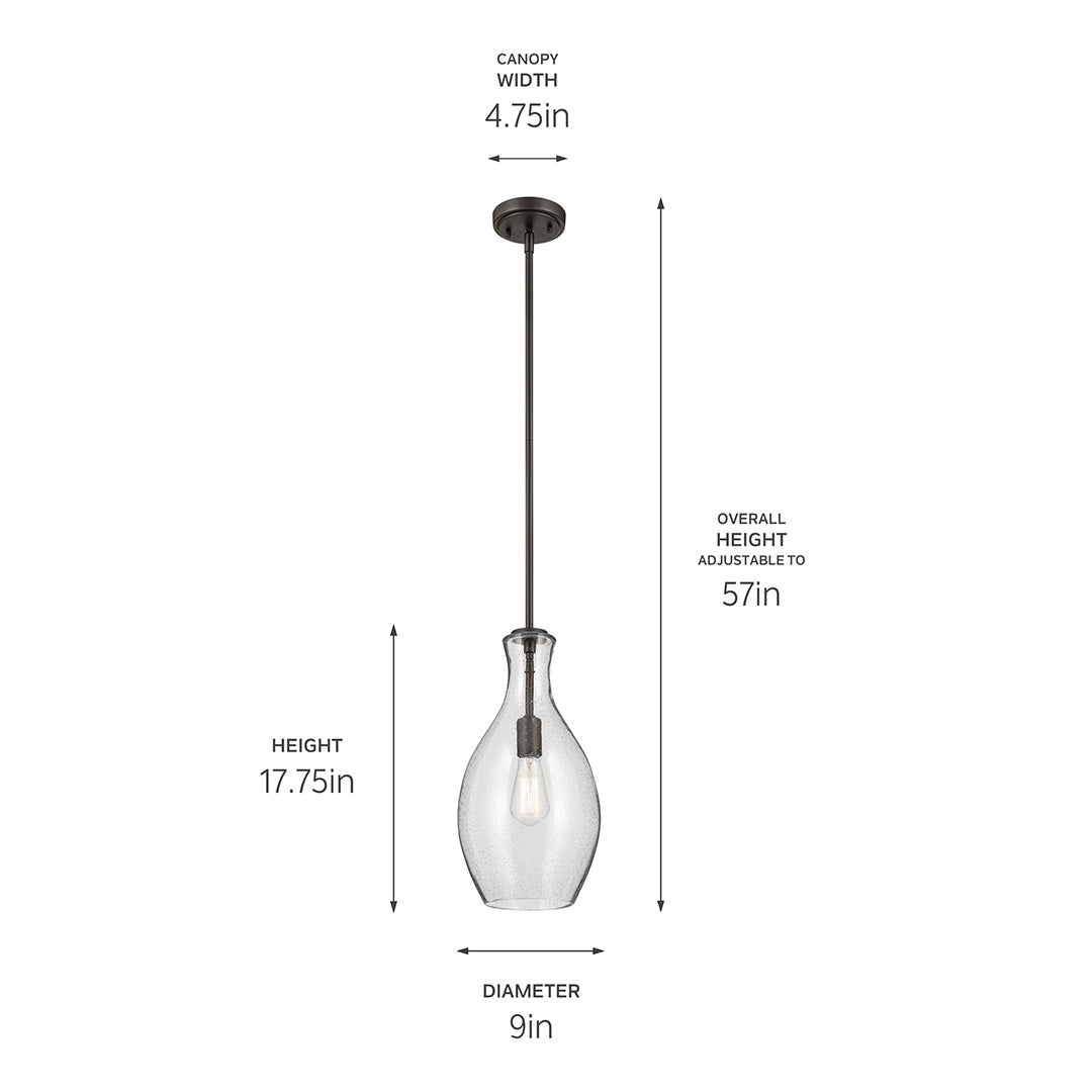 The Everly 17.75" 1-Light Bell Pendant with Clear Seeded Glass in Olde Bronze with dimensions on a white background