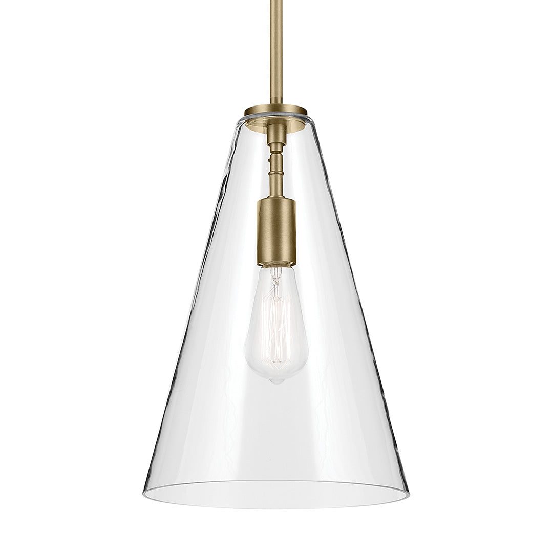 The Everly 15.25" 1-Light Cone Pendant with Clear Glass in Natural Brass on a white background
