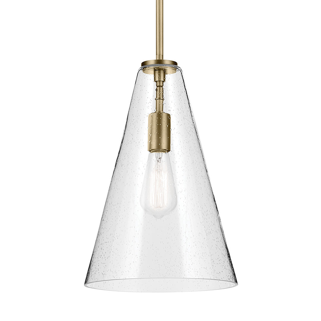 The Everly 15.25" 1-Light Cone Pendant with Clear Seeded Glass in Natural Brass on a white background