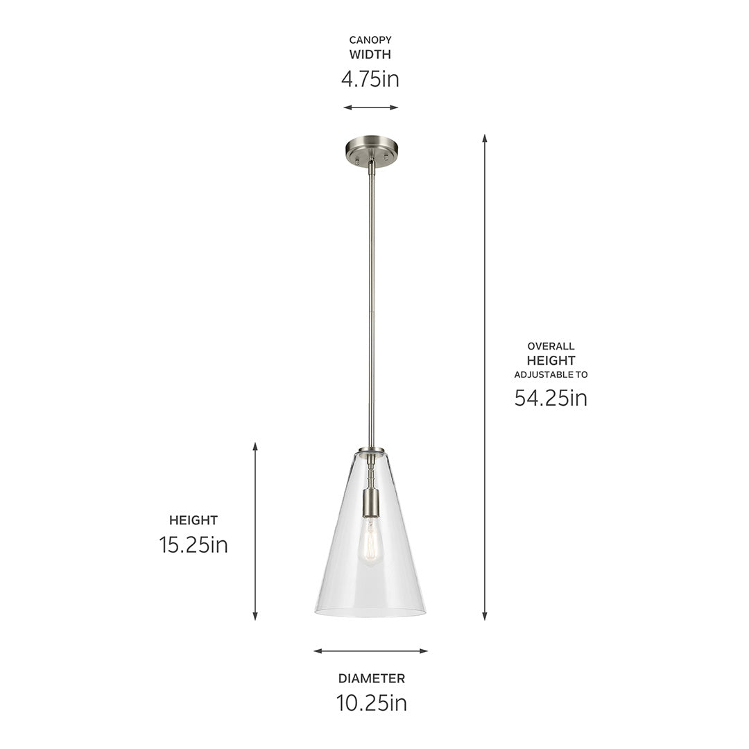 The Everly 15.25" 1-Light Cone Pendant with Clear Glass in Brushed Nickel with dimensions on a white background