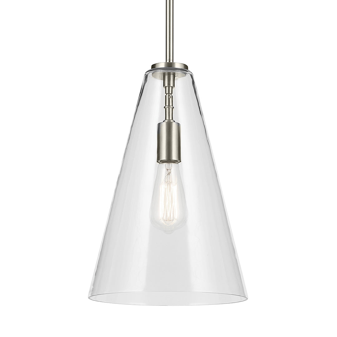 The Everly 15.25" 1-Light Cone Pendant with Clear Glass in Brushed Nickel on a white background