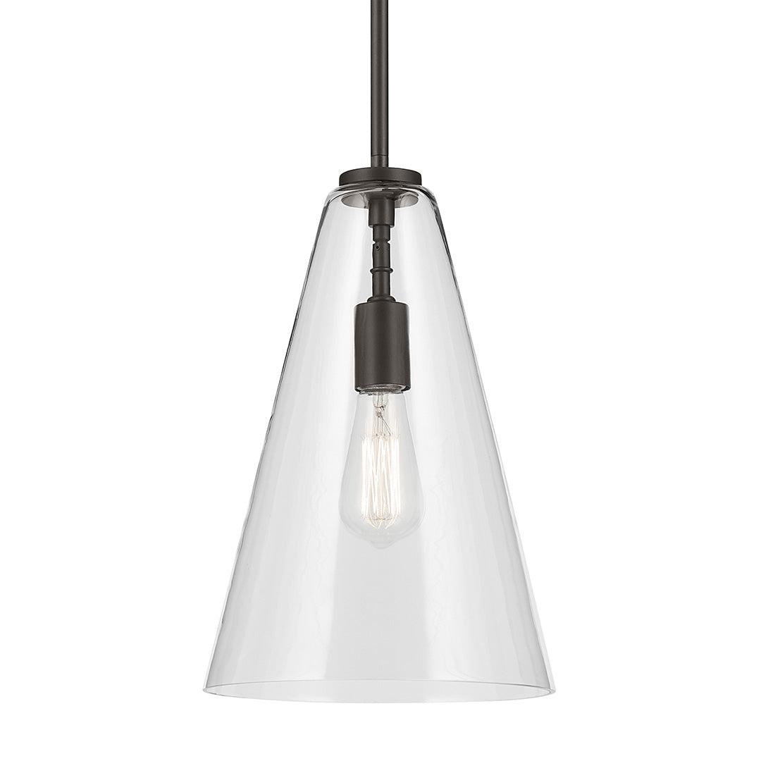 The Everly 15.25" 1-Light Cone Pendant with Clear Glass in Olde Bronze on a white background