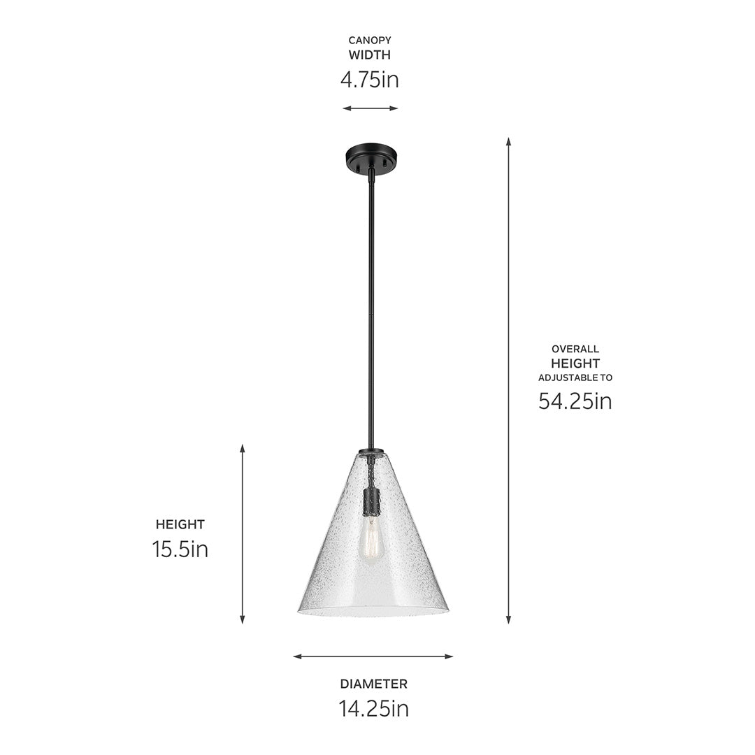 The Everly 15.5" 1-Light Cone Pendant with Clear Seeded Glass in Black with dimensions on a white background