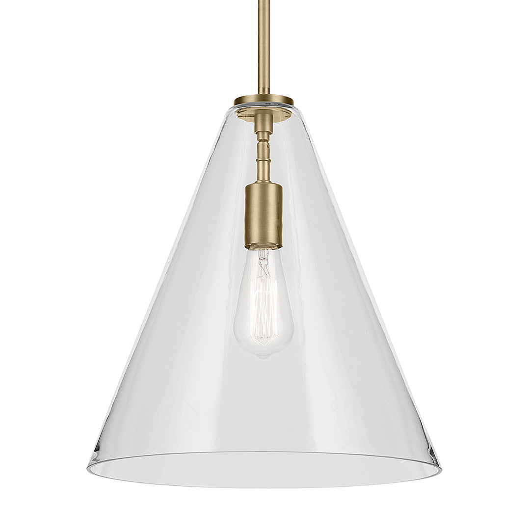 The Everly 15.5" 1-Light Cone Pendant with Clear Glass in Natural Brass on a white background
