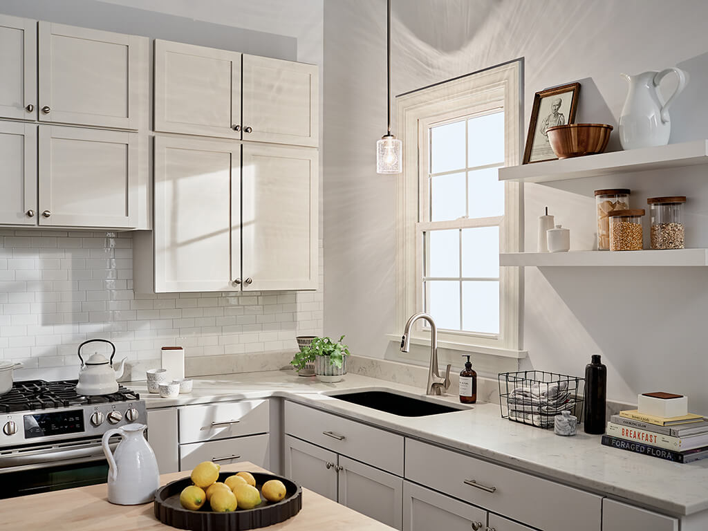 Day time kitchen with Winslow 7" 1 Light Mini Pendant in Nickel