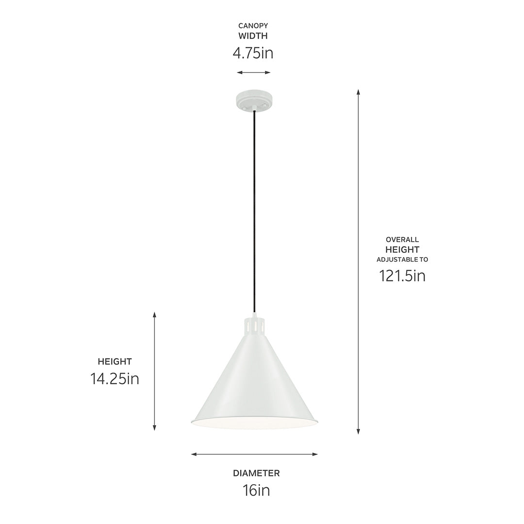 The Zailey 14.25" 1-Light Cone Pendant in White with dimensions on a white background