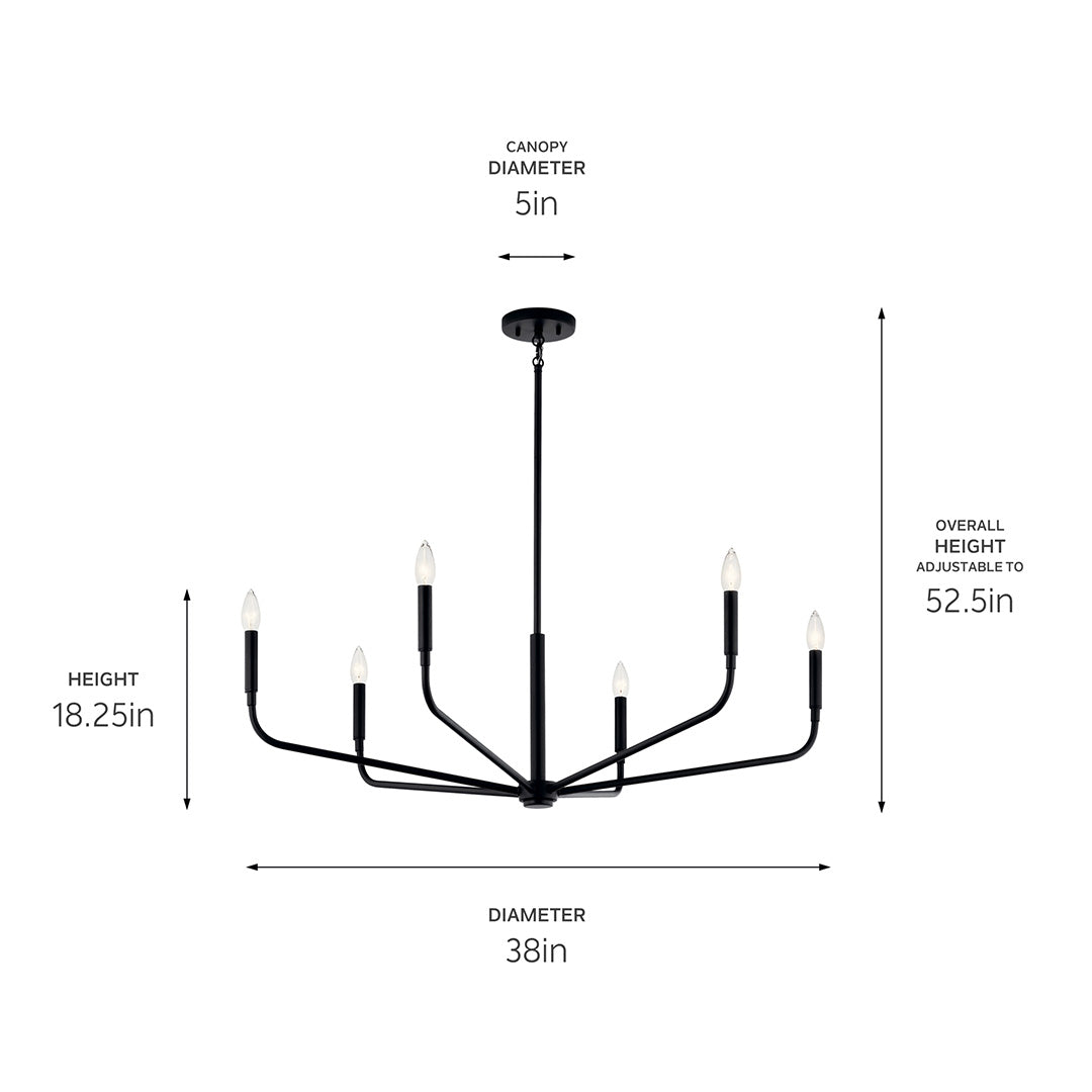 The Madden 38 Inch 6 Light Chandelier in Black with dimensions on a white background