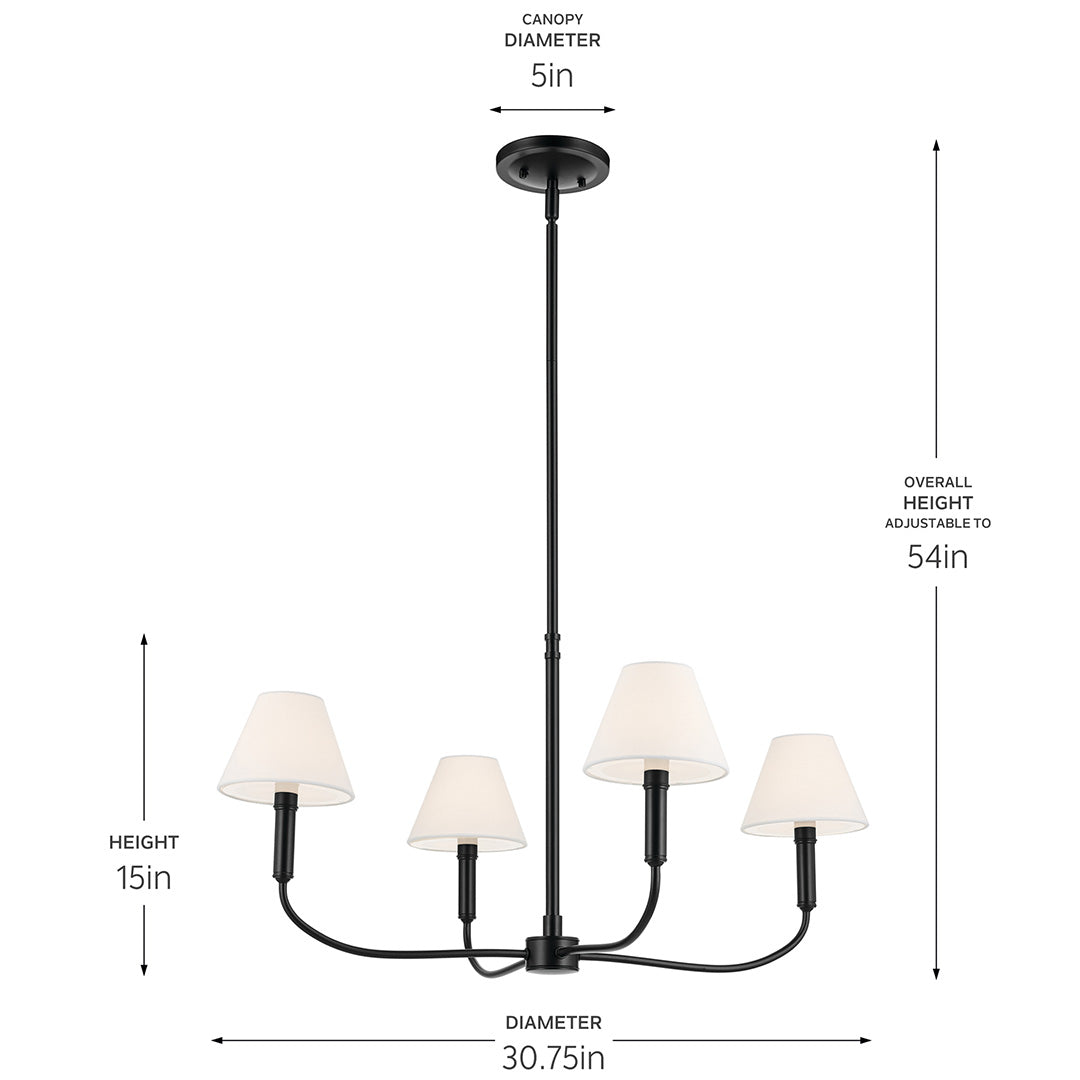 The Eadie 30.75 Inch 4 Light Chandelier in Black with dimensions on a white backround