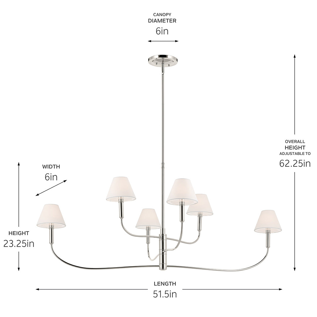 The Eadie 51.5 Inch 6 Light Chandelier in Polished Nickel with dimensions on a white backround