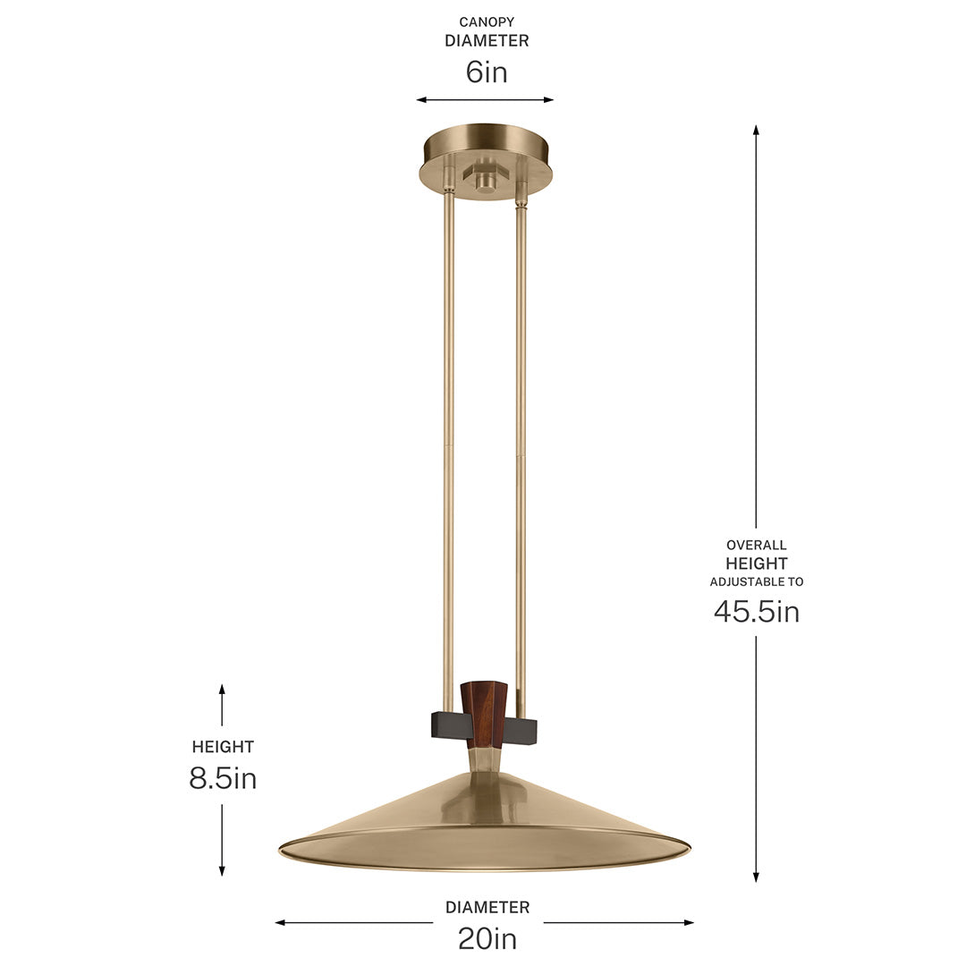 The Tenon 20" LED Pendant in Champagne Bronze with dimensions on a white background