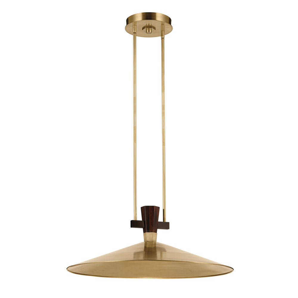 The Tenon 28" LED Pendant in Lacquered Brass on a white background