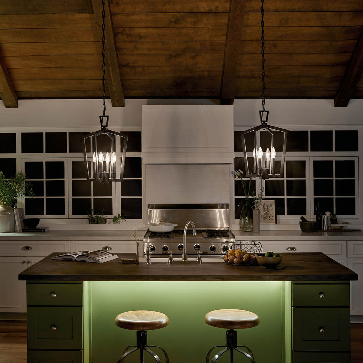 Night time Kitchen with Abbotswell™ 19" 4 Light Pendant Black