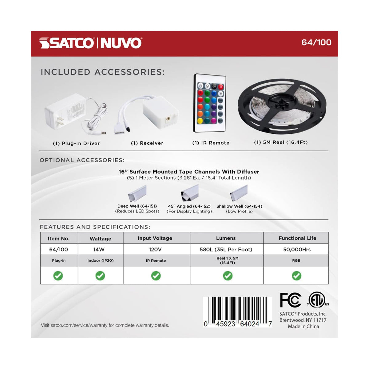 SATCO-64-100Satco 64 - 100 Dimension 16FT 1W/FT RGB Tape Light Kit