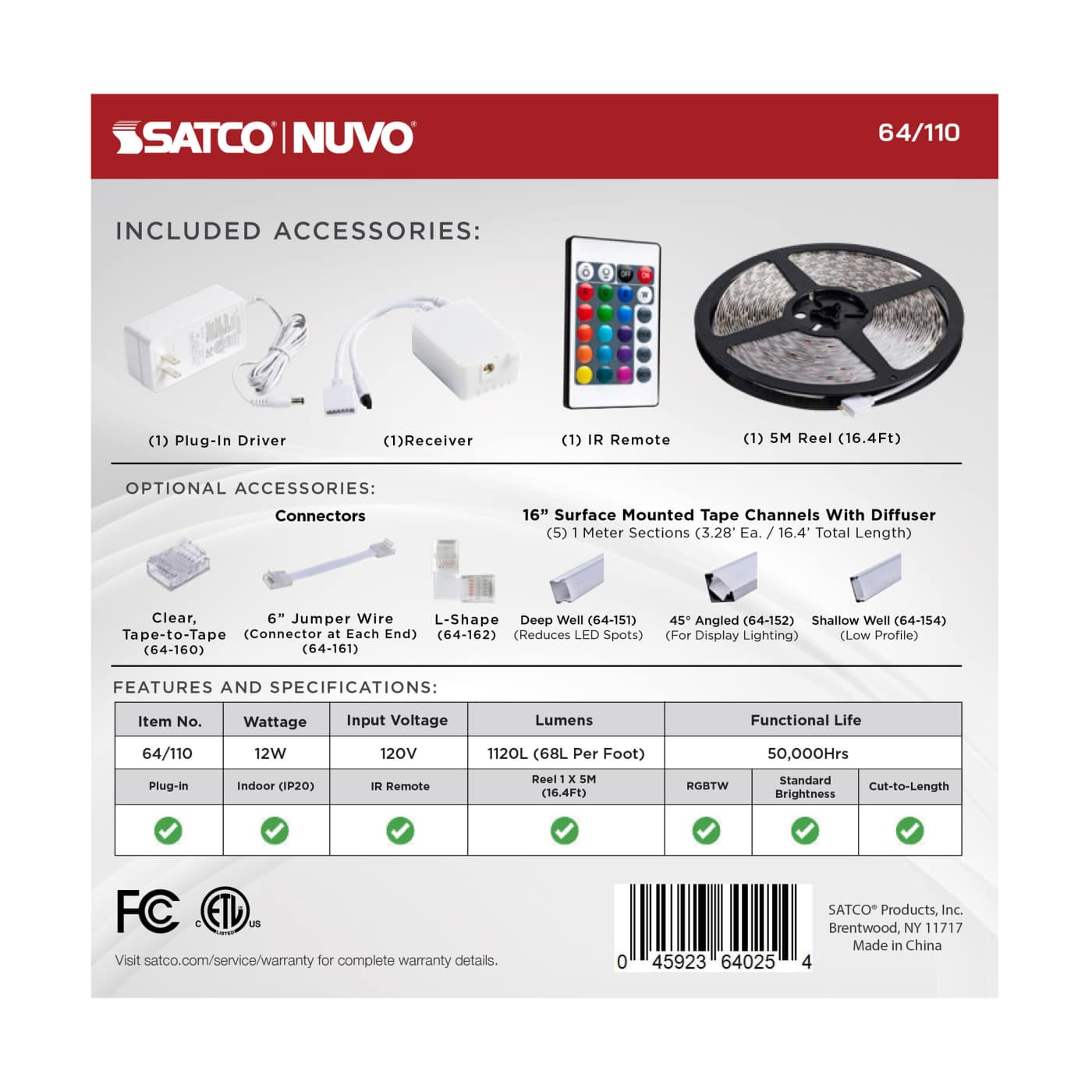 SATCO-64-110Satco 64 - 110 Dimension 16FT 1W/FT RGBTW Tape Light Kit