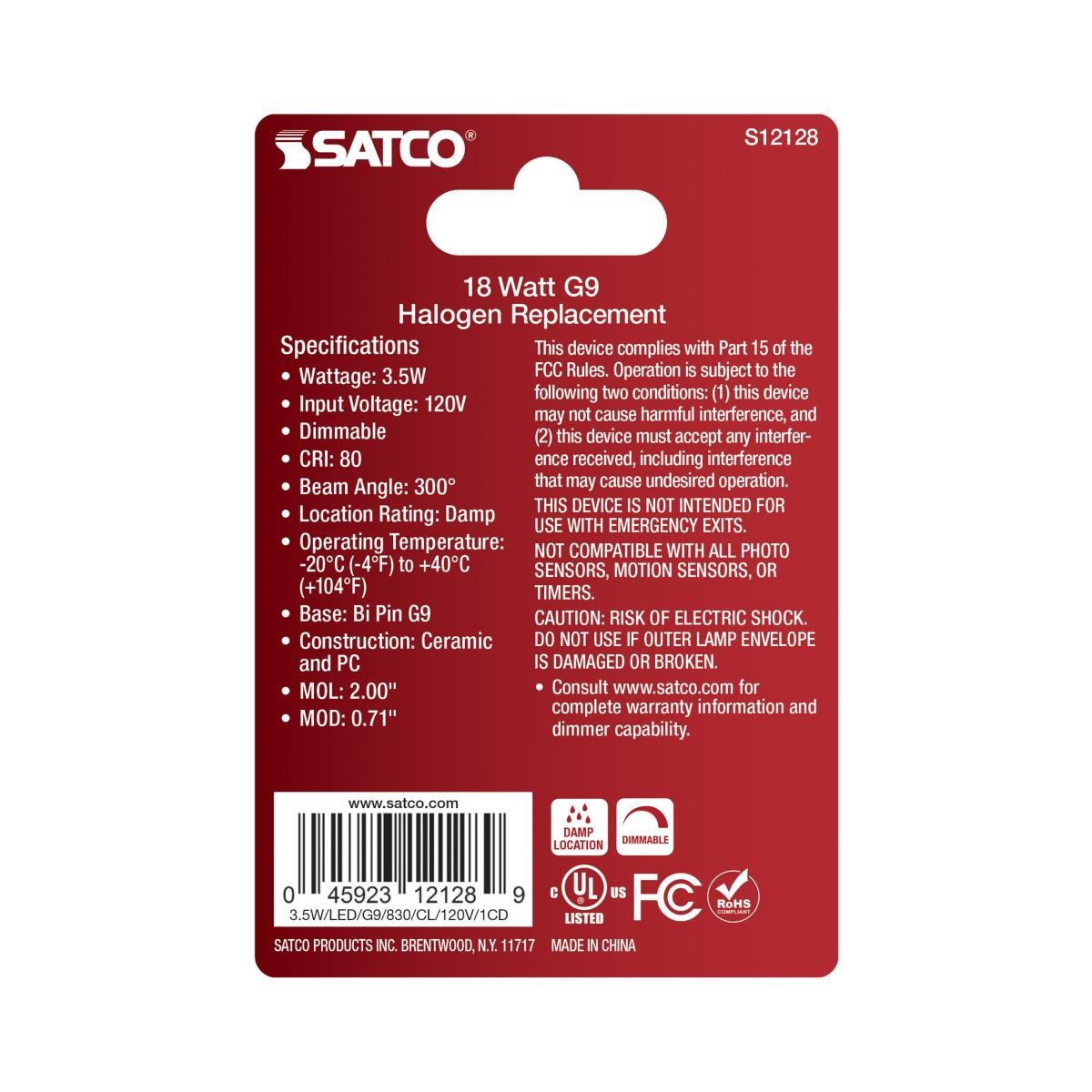 SATCO - S12128SATCO S12128 G9 3.5W LED 120V Warm White 30K