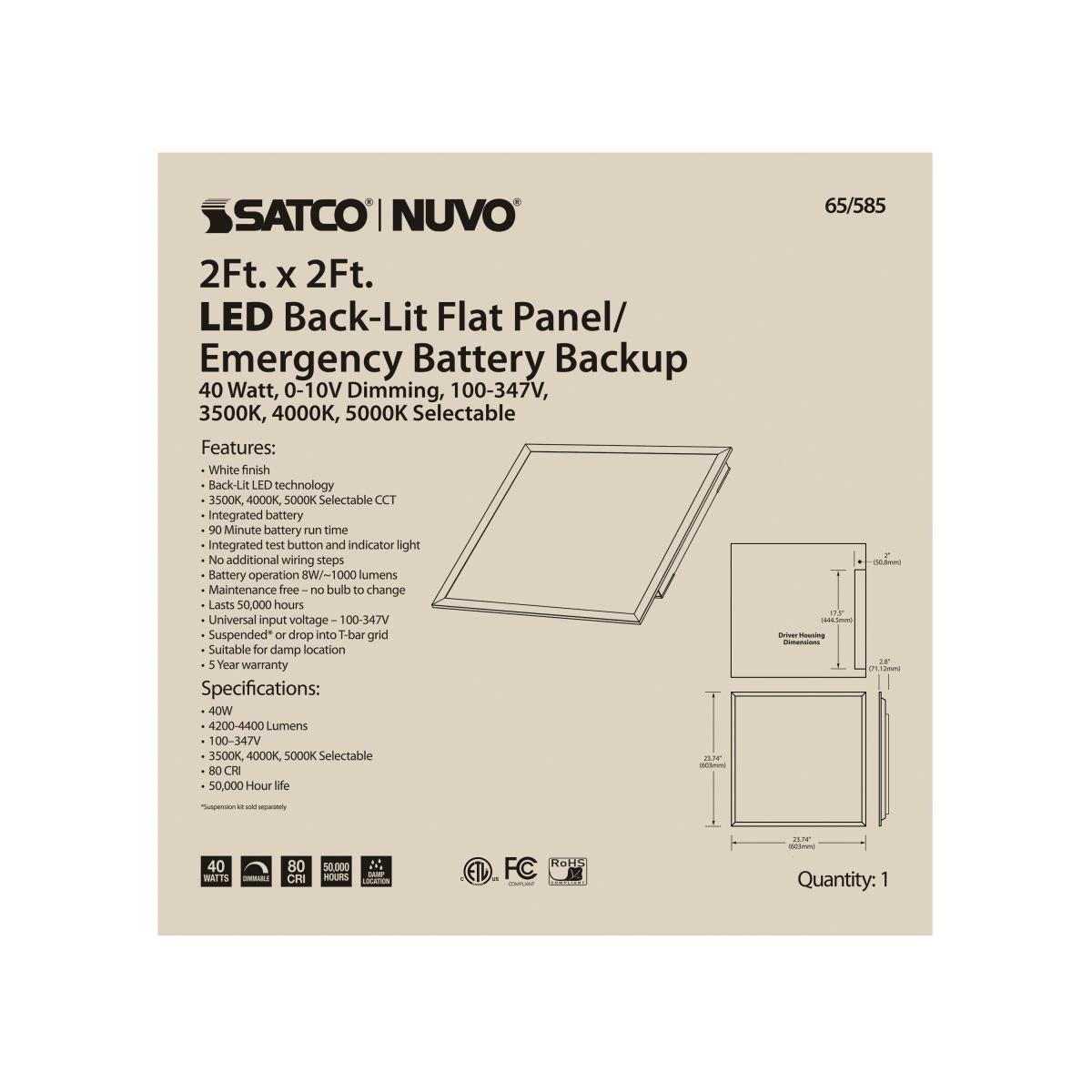 SATCO-65-585SATCO 65-585 40W LED 2FT X 2FT Emergency Backup Backlit Flat Panel Selectable CCT 100-347V