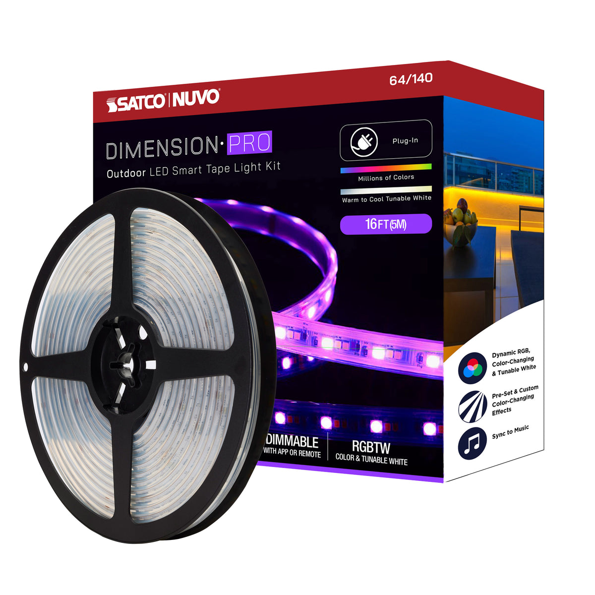 Satco 64-140 Dimension Pro 16FT Hi-Output RGBTW Tape Light Kit IP65 Plug-In Bluetooth