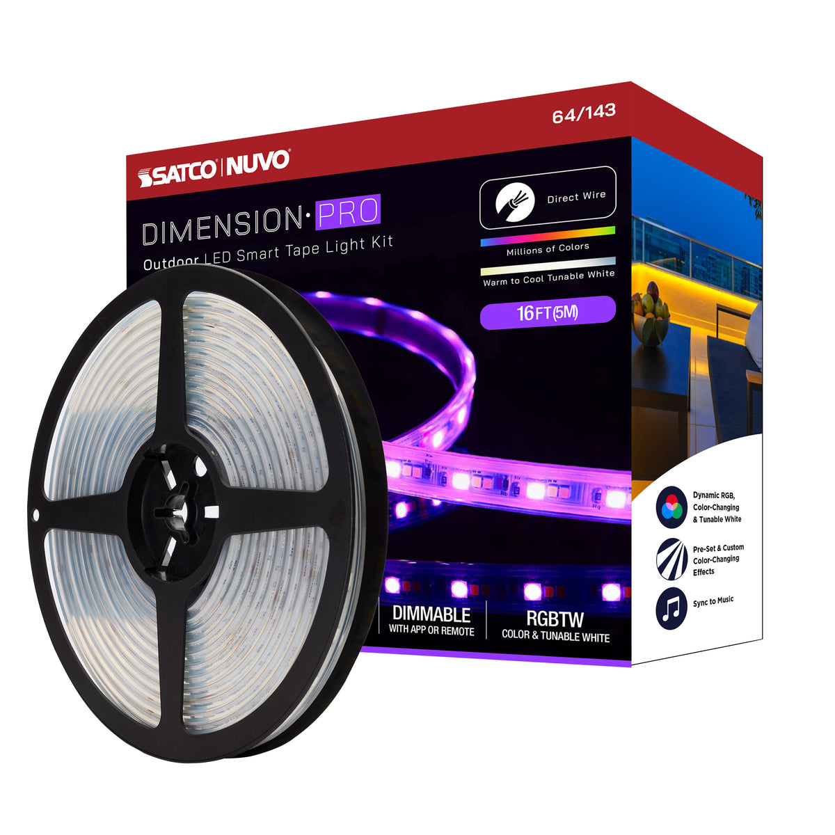 Satco 64-143 Dimension Pro 16FT Hi-Output RGBTW Tape Light Kit IP65 Bluetooth