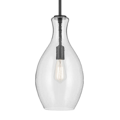 The Everly 17.75" 1-Light Bell Pendant with Clear Seeded Glass in Black on a white background