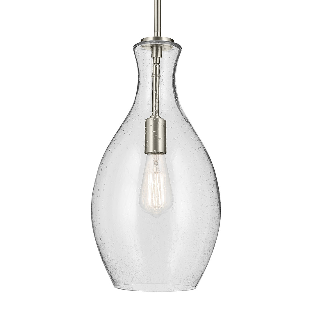 The Everly 17.75" 1-Light Bell Pendant with Clear Seeded Glass in Brushed Nickel on a white background