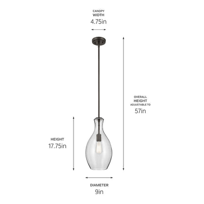 The Everly 17.75" 1-Light Bell Pendant with Clear Seeded Glass in Olde Bronze with dimensions on a white background