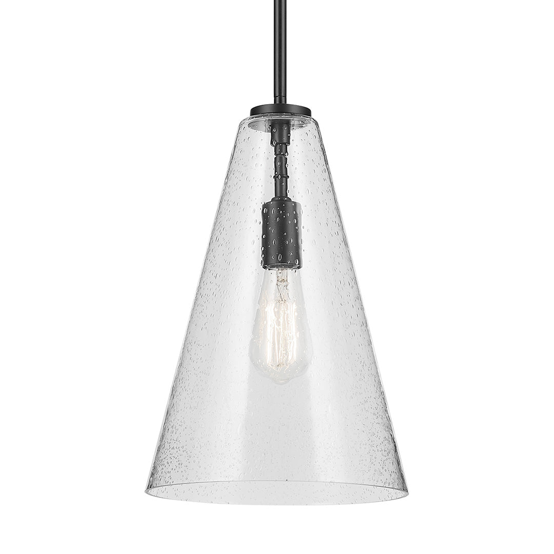The Everly 15.25" 1-Light Cone Pendant with Clear Seeded Glass in Black on a white background