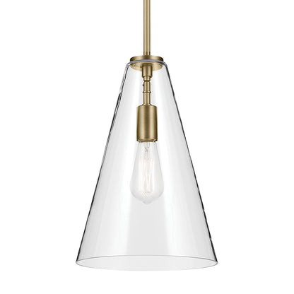 The Everly 15.25" 1-Light Cone Pendant with Clear Glass in Natural Brass on a white background