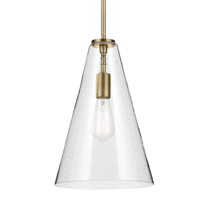 The Everly 15.25" 1-Light Cone Pendant with Clear Seeded Glass in Natural Brass on a white background