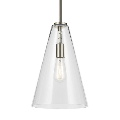 The Everly 15.25" 1-Light Cone Pendant with Clear Glass in Brushed Nickel on a white background