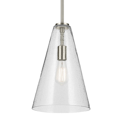 The Everly 15.25" 1-Light Cone Pendant with Clear Seeded Glass in Brushed Nickel on a white background