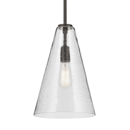The Everly 15.25" 1-Light Cone Pendant with Clear Seeded Glass in Olde Bronze on a white background