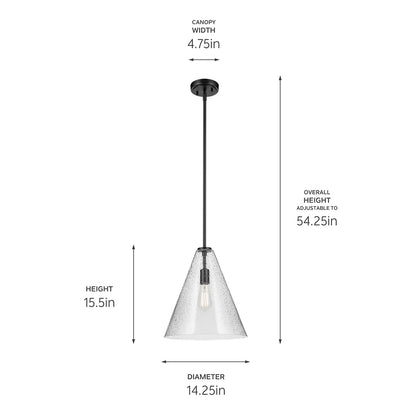 The Everly 15.5" 1-Light Cone Pendant with Clear Seeded Glass in Black with dimensions on a white background