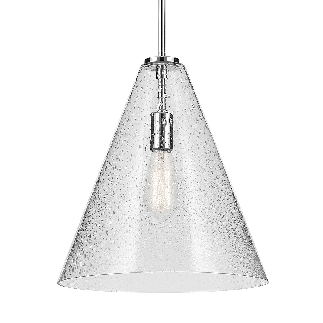 The Everly 15.5" 1-Light Cone Pendant with Clear Seeded Glass in Chrome on a white background