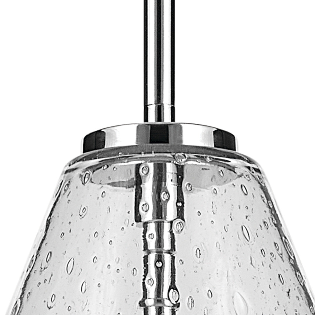Close up view of the Everly 15.5" 1-Light Cone Pendant with Clear Seeded Glass in Chrome on a white background
