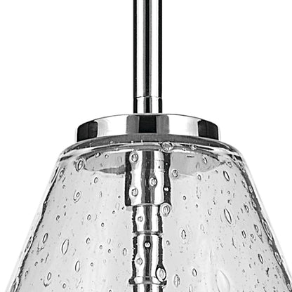 Close up view of the Everly 15.5" 1-Light Cone Pendant with Clear Seeded Glass in Chrome on a white background