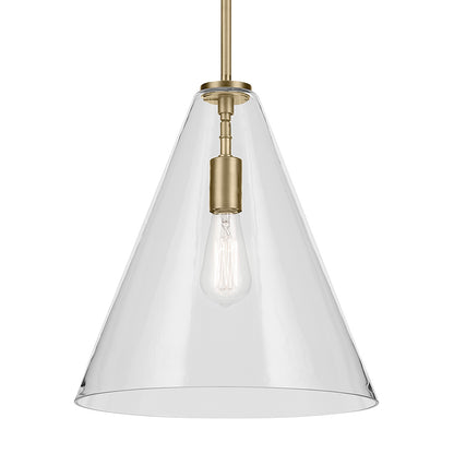 The Everly 15.5" 1-Light Cone Pendant with Clear Glass in Natural Brass on a white background