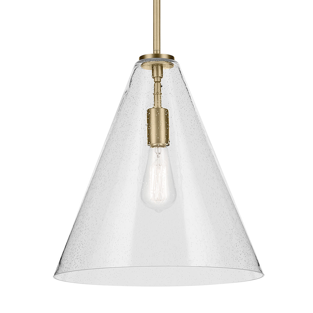 The Everly 15.5" 1-Light Cone Pendant with Clear Seeded Glass in Natural Brass on a white background
