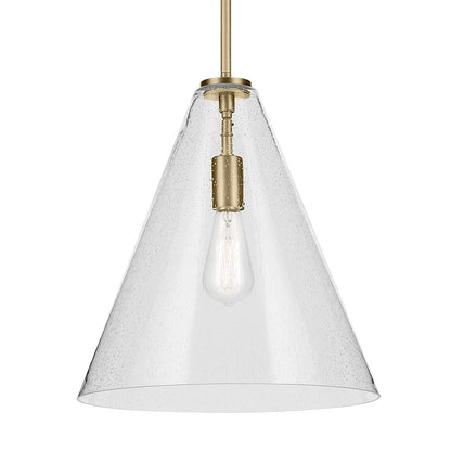 The Everly 15.5" 1-Light Cone Pendant with Clear Seeded Glass in Natural Brass on a white background