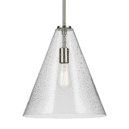 The Everly 15.5" 1-Light Cone Pendant with Clear Seeded Glass in Brushed Nickel on a white background