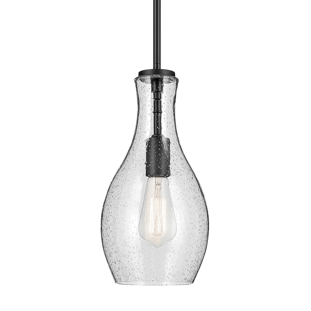 The Everly 13.75" 1-Light Bell Pendant with Clear Seeded Glass in Black on a white background