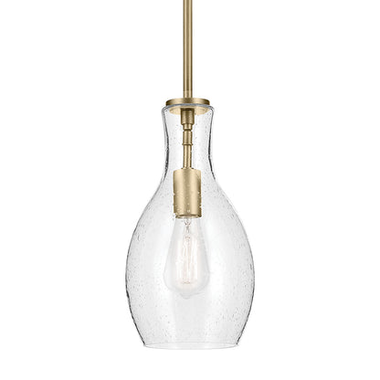 The Everly 13.75" 1-Light Bell Pendant with Clear Seeded Glass in Brushed Natural Brass on a white background