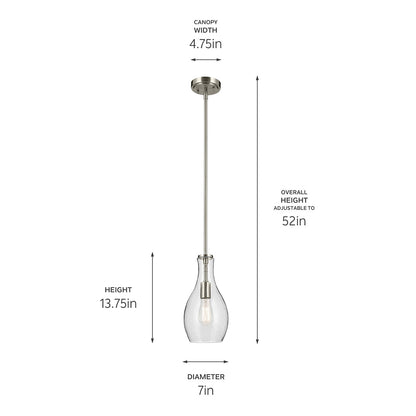 The Everly 13.75" 1-Light Bell Pendant with Clear Seeded Glass in Brushed Nickel with dimensions on a white background