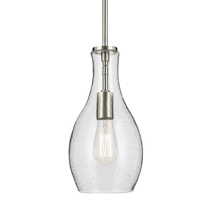 The Everly 13.75" 1-Light Bell Pendant with Clear Seeded Glass in Brushed Nickel on a white background