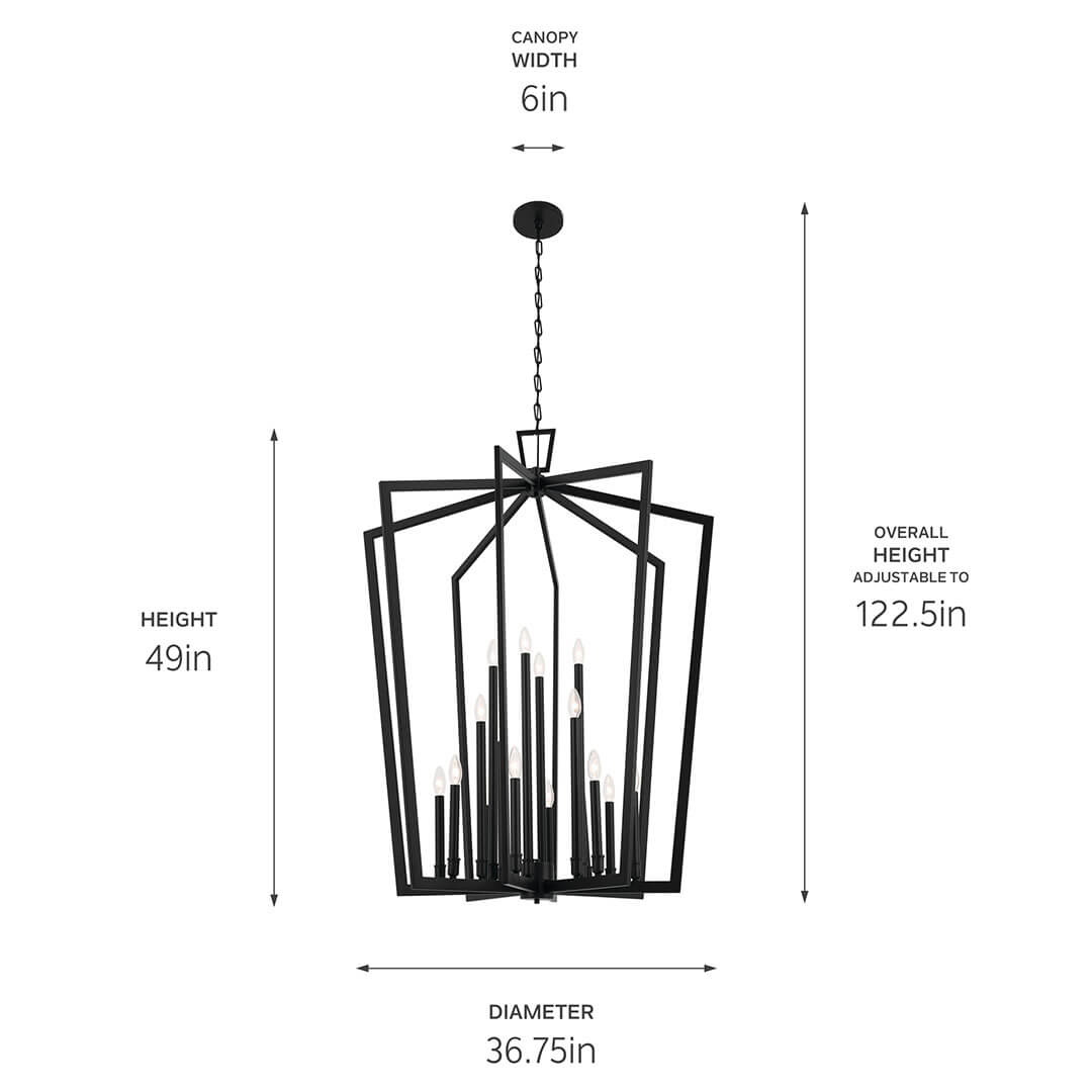 The Abbotswell 49 Inch 16 Light Foyer Pendant in Black with dimensions also in the tech specs