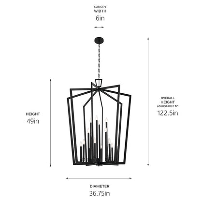 The Abbotswell 49 Inch 16 Light Foyer Pendant in Black with dimensions also in the tech specs