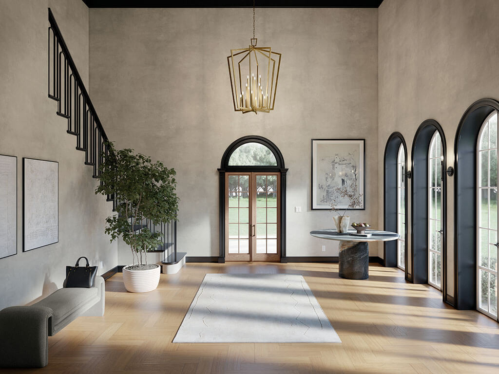 Foyer in day light with the Abbotswell 49 Inch 16 Light Foyer Pendant in Natural Brass