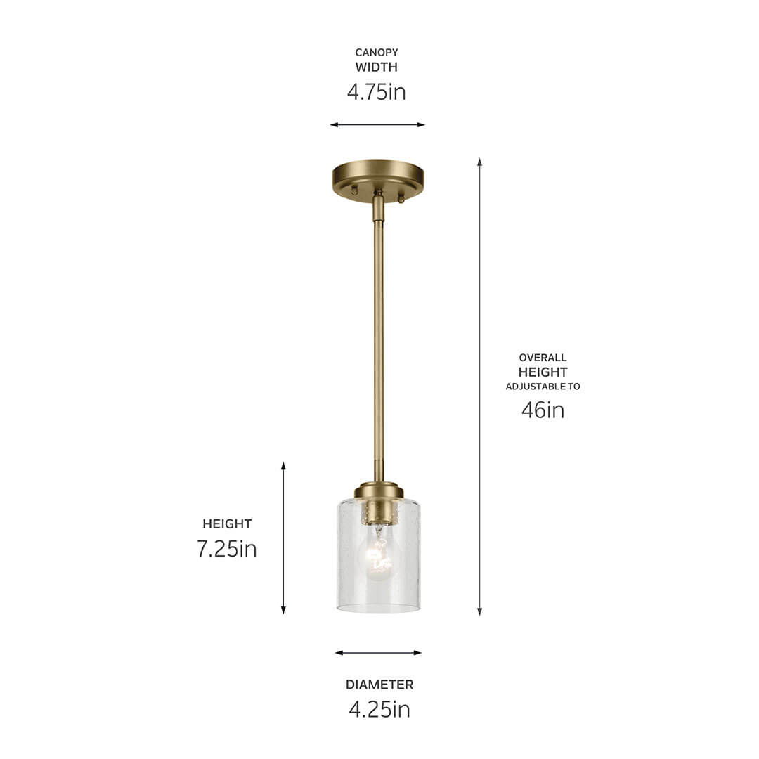 The Winslow 7.5" 1-Light Mini Pendant Light in Natural Brass on a white background with dimensions
