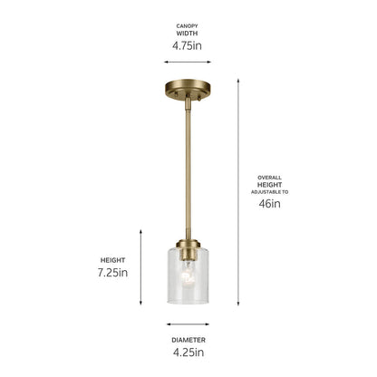 The Winslow 7.5" 1-Light Mini Pendant Light in Natural Brass on a white background with dimensions