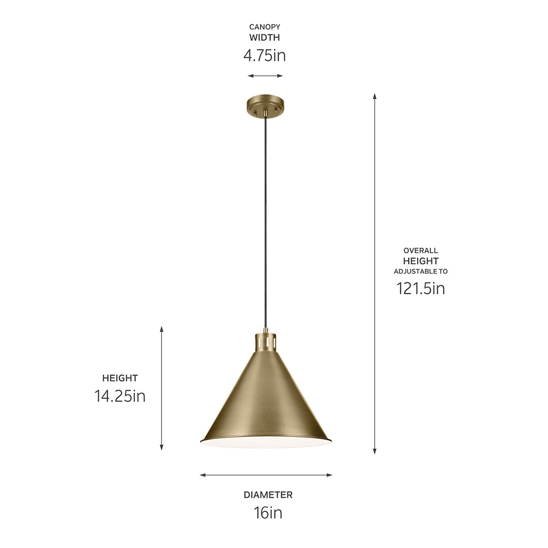 The Zailey 14.25" 1-Light Cone Pendant in Natural Brass with dimensions on a white background